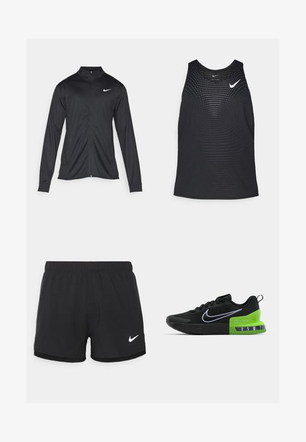 Černá sportovní bunda s dlouhými rukávy, límcem a plným zipem. Má decentní bílou logo značky Nike na horní levé části hrudi. Hladká textura.; Černý sportovní tílko s perforovanou texturou a kulatým výstřihem. Na hrudi je bílé logo Nike.; Černé sportovní šortky vyrobené z lehkého materiálu. Mají elastický pás a perforované detaily. Na boku se nachází bílé logo Nike.; Černá sportovní bota s síťovinovým svrškem, vybavená zelenou a černou podrážkou s vzduchovým odpružením a bílým logem Nike swoosh.