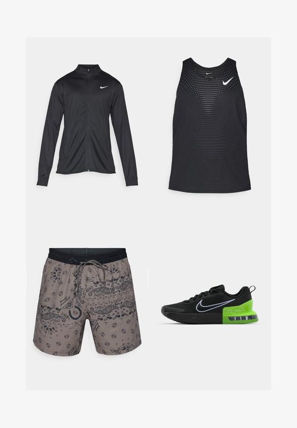 Čierna športová bunda s dlhými rukávmi, golierom a plným zipsom. Obsahuje nenápadné logo Nike v bielej farbe na hornej ľavej hrudi. Hladká textúra.; Čierny športový tielko s perforovanou textúrou a zaobleným výstrihom. Na hrudi je biele logo Nike.; Pánske plavecké šortky zo šedej látky s čiernym paisley vzorom, elastický pás a nastaviteľná šnúrka. Nylonový materiál s hladkým povrchom.; Čierna atletická obuv s vrchným materiálom z priedušnej siete, s ešte zeleno-čiernou podrážkou s vzduchovým odpružením a bielym logom Nike swoosh.