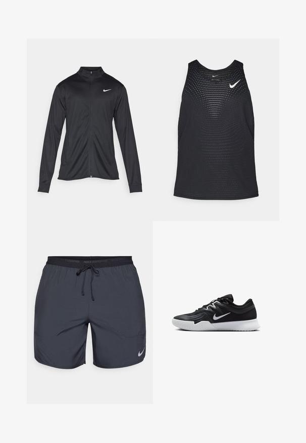 Svart idrettsjakke med lange ermer, krage og full glidelås. Har en subtil Nike-logo i hvitt på øvre venstre bryst. Glatt tekstur.; Sort svart treningssinglet med perforert tekstur og rund hals. Har en hvit Nike-logo på brystet.; Nike løpetights i mørkegrå, med elastisk liv med snøring og en sølvfarget logo aksent på nedre høyre ben.; Svart treningssko med teksturert overdel, hvit Nike-swoosh og hvit gummisåle. Har snøring og en dynamisk form.
