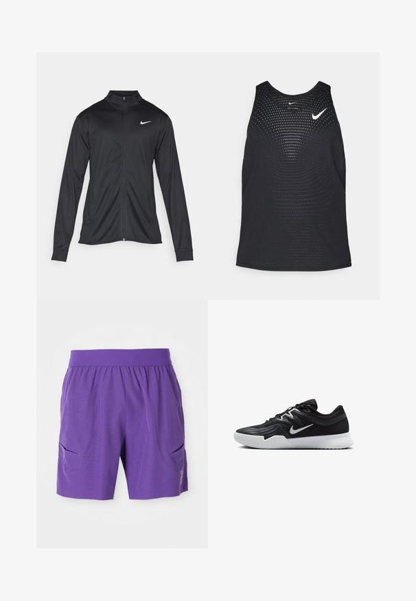 Black athletic jacket with long sleeves, collar, and full zipper. Features a subtle Nike logo in white on the upper left chest. Smooth texture.; Black athletic tank top with a perforated texture and rounded neckline. Features a white Nike logo on the chest.; Purple athletic shorts with an elastic waistband, two side pockets, and a smooth texture. Simple design with a logo on the lower front.; Black athletic shoe with a textured upper, white Nike swoosh, and a white rubber outsole. Features a lace-up design and dynamic shape.