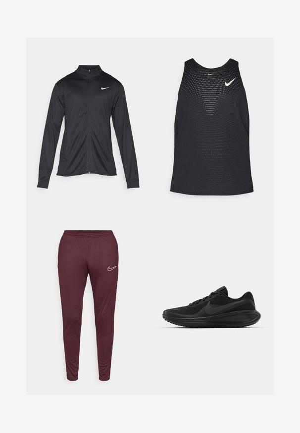 Svart idrottsjacka med långa ärmar, krage och full dragkedja. Har en diskret Nike-logga i vitt på övre vänstra bröstet. Slät yta.; Svart träningslinne med perforerad textur och rundad halsringning. Har en vit Nike-logga på bröstet.; Nike Performance DRI-FIT ACADEMY PANT - Träningsbyxor - burgundy crush/white; Svarta sportskor med en texturerad mesh-överdel, snörningsdesign, tjock sula och en framträdande svart Nike swoosh-logotyp på sidan.