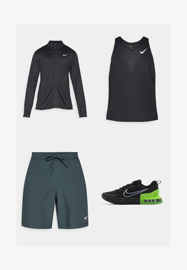 Jachetă sportivă neagră cu mâneci lungi, guler și fermoar complet. Prezintă un logo Nike subtil, alb, pe pieptul din stânga sus. Textură netedă.; Tricou sport negru din material elastic, cu textură perforată și decolteu rotunjit. Are un logo Nike alb pe piept.; Șorturi atletice pentru bărbați, realizate dintr-un material ușor de culoare verde închis, având un sistem de talie elastică cu șnur și un mic logo alb.; Pantofii sport negri cu suprafață din plasă, având o talpă verde și neagră cu amortizare cu aer și un logo alb Nike swoosh.