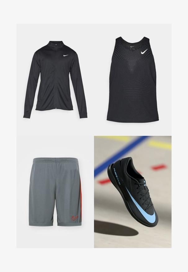 Juodas sportinis švarkas su ilgomis rankovėmis, apykakle ir pilnu užtrauktuku. Yra subtilus baltas Nike logotipas kairėje krūtinės pusėje. Lygus tekstūra.; Juodas sportinis maikutė su perforuota tekstūra ir apvalia apykakle. Ant krūtinės yra balta Nike logotipas.; Nike Performance SHORT - Sportiniai šortai - iron grey/dragon red; Juodas sportinis batelis su mėlynomis detalėmis, tekstūruota paviršius, raišteliais užsegamas dizainas ir išskirtinis Nike logotipas. Guminis padas su sukibimo raštais.