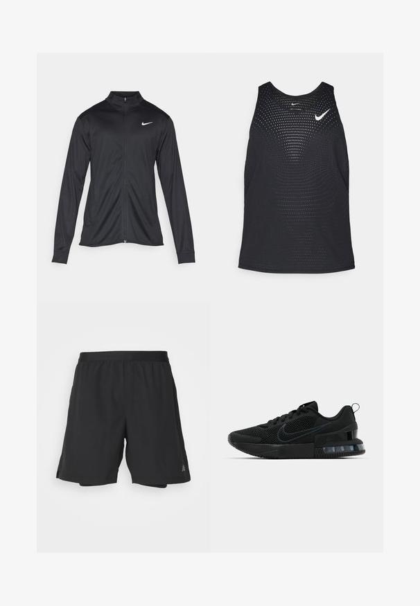 Jacket desportivo preto com mangas longas, colarinho e fecho zip completo. Apresenta um discreto logotipo da Nike em branco na parte superior do lado esquerdo do peito. Textura suave.; Camisola de desporto preta sem mangas com uma textura perfurada e decote redondo. Apresenta um logótipo branco da Nike no peito.; Calções atléticos pretos feitos de material leve com um cós elástico, apresentando rachas laterais e um pequeno logótipo na bainha inferior.; Tênis esportivo Nike preto com parte superior em malha, sola de borracha, colarinho acolchoado e um distinto detalhe transparente no calcanhar.