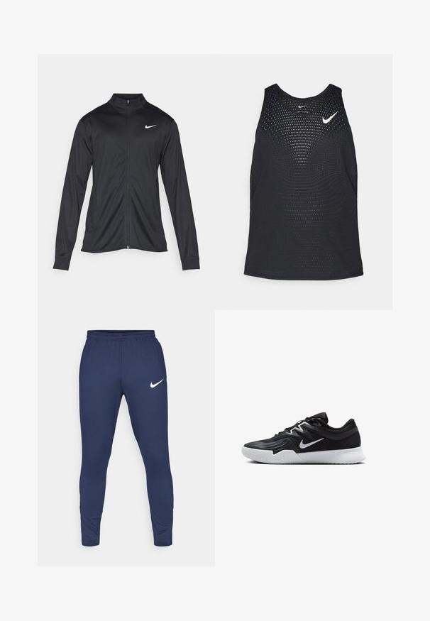 Juodas sportinis švarkas su ilgomis rankovėmis, apykakle ir pilnu užtrauktuku. Yra subtilus baltas Nike logotipas kairėje krūtinės pusėje. Lygus tekstūra.; Juodas sportinis maikutė su perforuota tekstūra ir apvalia apykakle. Ant krūtinės yra balta Nike logotipas.; Nike Performance STRIKE PANT - Treningo apatinė dalis - obsidian/white; Juodos sportinės bateliai su tekstūruota viršutine dalimi, balta Nike swoosh ir balta gumine išorine dalimi. Yra su raištelių užsegimo dizainu ir dinamine forma.