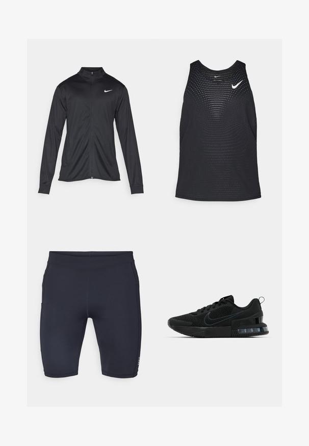 Jacket desportivo preto com mangas longas, colarinho e fecho zip completo. Apresenta um discreto logotipo da Nike em branco na parte superior do lado esquerdo do peito. Textura suave.; Camisola de desporto preta sem mangas com uma textura perfurada e decote redondo. Apresenta um logótipo branco da Nike no peito.; Bermudas azul-marinho feitas de um material elástico com um design ajustado. Possui costuras suaves e um pequeno logótipo na perna esquerda.; Tênis esportivo Nike preto com parte superior em malha, sola de borracha, colarinho acolchoado e um distinto detalhe transparente no calcanhar.