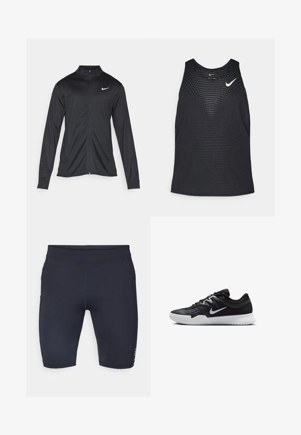 Jacket desportivo preto com mangas longas, colarinho e fecho zip completo. Apresenta um discreto logotipo da Nike em branco na parte superior do lado esquerdo do peito. Textura suave.; Camisola de desporto preta sem mangas com uma textura perfurada e decote redondo. Apresenta um logótipo branco da Nike no peito.; Bermudas azul-marinho feitas de um material elástico com um design ajustado. Possui costuras suaves e um pequeno logótipo na perna esquerda.; Sapatilha atlética preta com um cabedal texturizado, swoosh branco da Nike e uma sola de borracha branca. Apresenta um design com atacadores e uma forma dinâmica.
