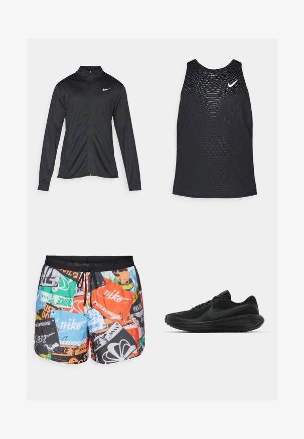 Giacca sportiva nera con maniche lunghe, colletto e zip completa. Presenta un logo Nike in bianco sulla parte superiore del lato sinistro del petto. Tessuto morbido.; Canottiera nera da ginnastica con una texture perforata e scollatura arrotondata. Presenta un logo Nike bianco sul petto.; Nike Performance STRIDE RUN ENERGY - Pantaloncini sportivi - total orange/black/reflective silver; Sneaker da atletica nere con tomaia in mesh testurizzato, design con lacci, suola spessa e il logo Nike in evidenza nero sul lato.