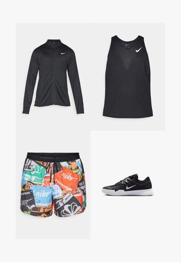 Schwarze Sportjacke mit langen Ärmeln, Kragen und voller Reißverschluss. Verfügt über ein dezentes Nike-Logo in Weiß auf der oberen linken Brust. Glatte Textur.; Schwarzes sportliches Tanktop mit perforierter Textur und rundem Ausschnitt. Mit einem weißen Nike-Logo auf der Brust.; Nike Performance STRIDE RUN ENERGY - Kurze Sporthose - total orange/black/reflective silver; Schwarzer Sportschuh mit strukturiertem Obermaterial, weißem Nike-Warenzeichen und einer weißen Gummisohle. Verfügt über ein Schnürdesign und eine dynamische Form.