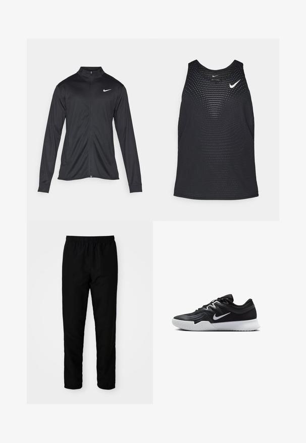 Black athletic jacket with long sleeves, collar, and full zipper. Features a subtle Nike logo in white on the upper left chest. Smooth texture.; Black athletic tank top with a perforated texture and rounded neckline. Features a white Nike logo on the chest.; Black elastic-waist pants with a straight fit, made from smooth fabric, featuring elastic cuffs at the ankles and no visible pockets.; Black athletic shoe with a textured upper, white Nike swoosh, and a white rubber outsole. Features a lace-up design and dynamic shape.