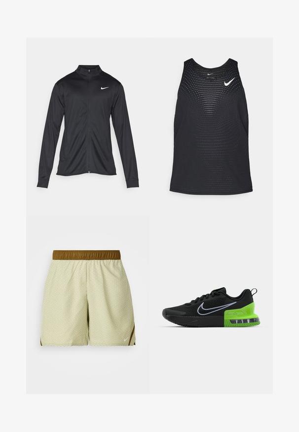 Jacket desportivo preto com mangas longas, colarinho e fecho zip completo. Apresenta um discreto logotipo da Nike em branco na parte superior do lado esquerdo do peito. Textura suave.; Camisola de desporto preta sem mangas com uma textura perfurada e decote redondo. Apresenta um logótipo branco da Nike no peito.; Calças curtas verde claro com um padrão de diamante, cintura elástica castanha e detalhes laterais. Feitas de um tecido respirável para maior conforto.; Sapatilha desportiva preta com parte superior em malha, apresentando uma sola verde e preta com amortecimento de ar, e um logo swoosh branco da Nike.