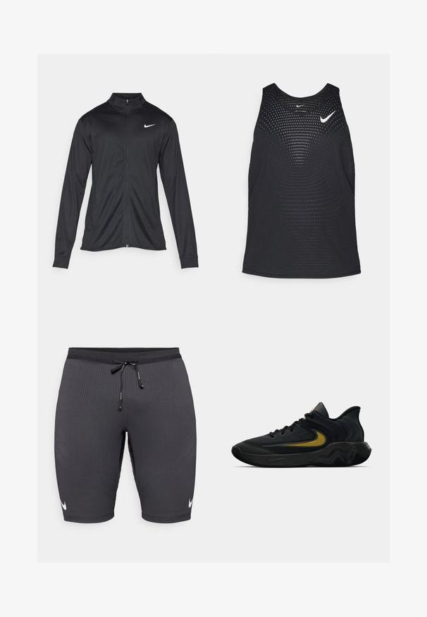 Jacket desportivo preto com mangas longas, colarinho e fecho zip completo. Apresenta um discreto logotipo da Nike em branco na parte superior do lado esquerdo do peito. Textura suave.; Camisola de desporto preta sem mangas com uma textura perfurada e decote redondo. Apresenta um logótipo branco da Nike no peito.; Calções atléticos pretos feitos de tecido canelado, com um cós elástico ajustável e um pequeno logótipo da Nike em branco no lado esquerdo.; Tênis atlético preto e cinza escuro com cadarços pretos e logotipo swoosh dourado, apresentando um design de sola ondulada e colarinho acolchoado no calcanhar.