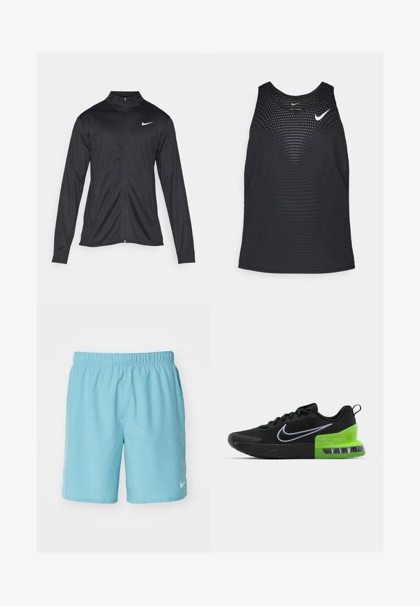 Jacket desportivo preto com mangas longas, colarinho e fecho zip completo. Apresenta um discreto logotipo da Nike em branco na parte superior do lado esquerdo do peito. Textura suave.; Camisola de desporto preta sem mangas com uma textura perfurada e decote redondo. Apresenta um logótipo branco da Nike no peito.; Nike Performance CHALLENGER SHORT - Calções desportivos - denim turq/glacier blue/black/silver; Sapatilha desportiva preta com parte superior em malha, apresentando uma sola verde e preta com amortecimento de ar, e um logo swoosh branco da Nike.