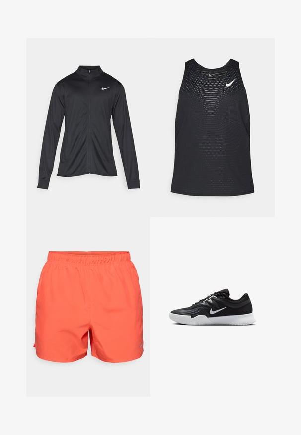 Svart idrettsjakke med lange ermer, krage og full glidelås. Har en subtil Nike-logo i hvitt på øvre venstre bryst. Glatt tekstur.; Sort svart treningssinglet med perforert tekstur og rund hals. Har en hvit Nike-logo på brystet.; Korallfargede treningstights med elastisk midje, lett materiale og en liten reflekterende logo på nedre venstre side.; Svart treningssko med teksturert overdel, hvit Nike-swoosh og hvit gummisåle. Har snøring og en dynamisk form.
