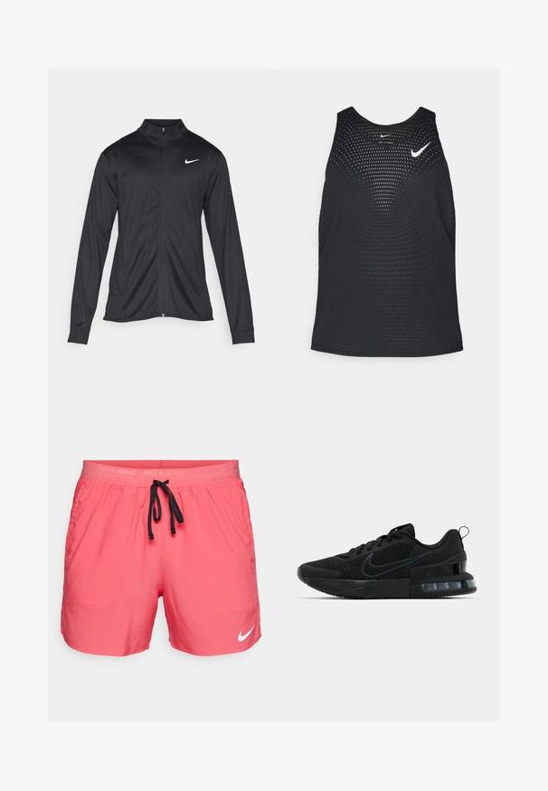 Musta urheilutakki pitkillä hihoilla, kauluksella ja kokonaisella vetoketjulla. Täydentää hienovarainen Nike-logo valkoisena vasemmassa ylärinnassa. Litteä pinta.; Musta urheilullinen tank top, jossa on rei'itetty pinta ja pyöreä kaula-aukko. Rinnassa on valkoinen Nike-logo.; Nike Performance STRIDE - Urheilushortsit - aster pink/black/reflective silver; Musta Nike urheilukenkä, jossa on verkkomateriaali yläosa, kumipohja, pehmustettu nilkkaosa ja erottuva läpinäkyvä kantaaksentti.