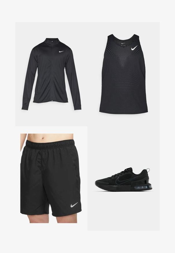 Svart idrottsjacka med långa ärmar, krage och full dragkedja. Har en diskret Nike-logga i vitt på övre vänstra bröstet. Slät yta.; Svart träningslinne med perforerad textur och rundad halsringning. Har en vit Nike-logga på bröstet.; Svarta träningsshorts i lätt material, med resårmidja och en liten grå Nike-logga nere till höger.; Svarta Nike-sneakers med ovandel i mesh, texturerad sula och synlig luftenhet i hälen. Accenter och logotyp i en mörkare svart nyans.