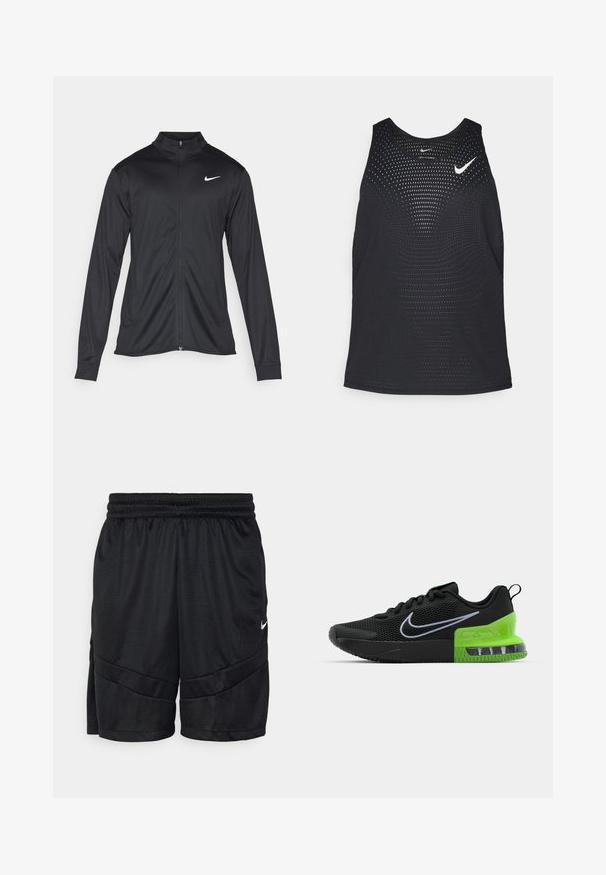 Črna atletska jakna z dolgimi rokavi, ovratnikom in polnim zadrgo. Vključuje diskreten bel Nike logotip na zgornjem levem delu prsnega koša. Gladka tekstura.; Črn atletski top s perforirano teksturo in okroglo ovratnikom. Na prsih je bel Nike logo.; Črne atletske kratke hlače iz teksturirane mrežaste tkanine, z elastičnim pasom in prečnega šiva podrobnostmi. Majhna bela blagovna oznaka ob strani.; Črne atletske čevlje z mrežasto zgornjimi deli, s temno zeleno in črno podplatom ter zračno blazino, ter belim logotipom Nike swoosh.