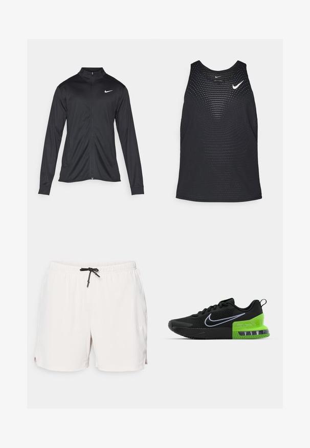 Black athletic jacket with long sleeves, collar, and full zipper. Features a subtle Nike logo in white on the upper left chest. Smooth texture.; Black athletic tank top with a perforated texture and rounded neckline. Features a white Nike logo on the chest.; Light beige athletic shorts with a textured fabric, elastic waistband, and black drawstring detail. Includes side slit pockets.; Black athletic shoe with mesh upper, featuring a green and black sole with air cushioning, and a white Nike swoosh logo.