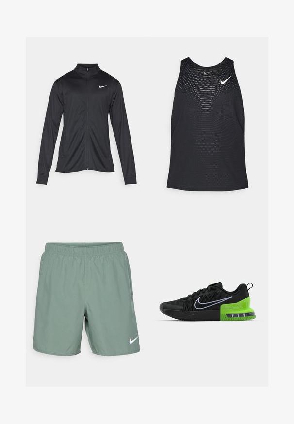 Fekete sportdzseki hosszú ujjal, gallérral és teljes cipzárral. Diszkrét fehér Nike logóval az upper bal mellen. Sima textúra.; Fekete sportos trikó perforált textúrával és kerek nyakkivágással. Elöl fehér Nike logó található.; Zöld sportnadrág, elasztikus derékkal, könnyű anyagból, fehér Nike logóval a bal alsó oldalon.; Fekete sportcipő hálós felsőrésszel, zöld és fekete talppal, légpárnázással, valamint fehér Nike swoosh logóval.