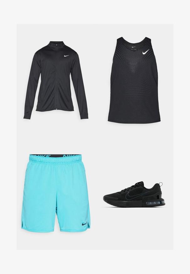 Schwarze Sportjacke mit langen Ärmeln, Kragen und voller Reißverschluss. Verfügt über ein dezentes Nike-Logo in Weiß auf der oberen linken Brust. Glatte Textur.; Schwarzes sportliches Tanktop mit perforierter Textur und rundem Ausschnitt. Mit einem weißen Nike-Logo auf der Brust.; Türkisblaue Sportshorts, leichtes Material, elastischer Bund mit schwarzem "NIKE"-Logo, seitliche Schlitze am Saum für Beweglichkeit, einfaches Design.; Schwarze Nike-Sneaker mit einem Mesh-Obermaterial, einer strukturierten Sohle und einer sichtbaren Air-Einheit in der Ferse. Akzente und Logo in einem dunkleren Schwarzton.