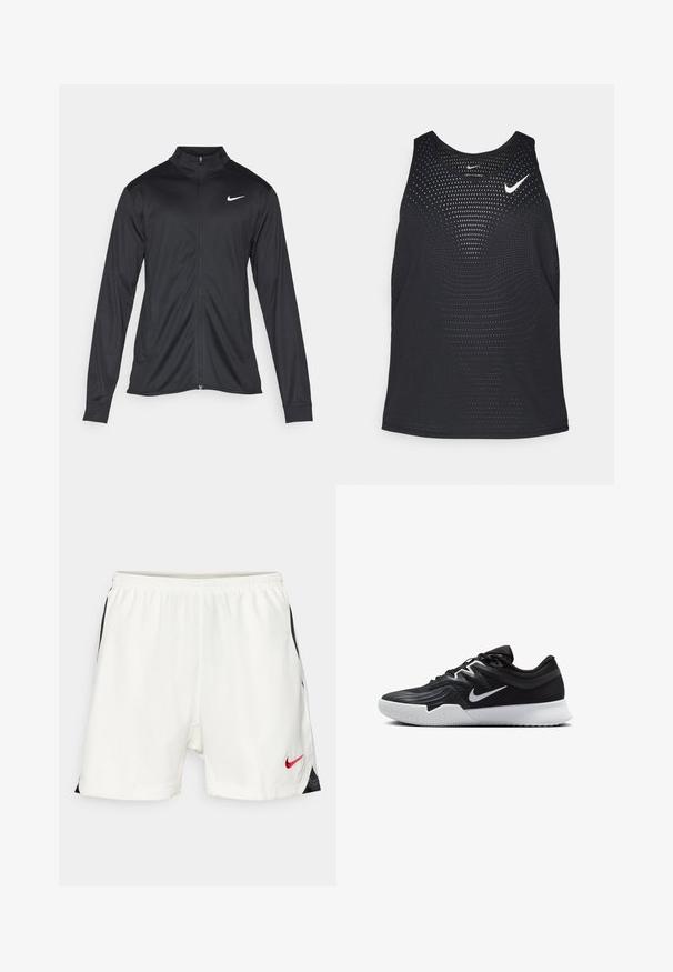 Chaqueta atlética negra con mangas largas, collar y cremallera completa. Presenta un sutil logo de Nike en blanco en la parte superior izquierda del pecho. Textura suave.; Camiseta sin mangas deportiva negra con textura perforada y escote redondeado. Presenta un logo de Nike en blanco en el pecho.; Pantalones cortos deportivos blancos con acentos laterales negros, cintura elástica y logo de Nike rojo en la parte inferior frontal. Tela suave y ligera.; Zapatilla deportiva negra con parte superior texturizada, logo de Nike en blanco y suela de goma blanca. Tiene un diseño con cordones y una forma dinámica.