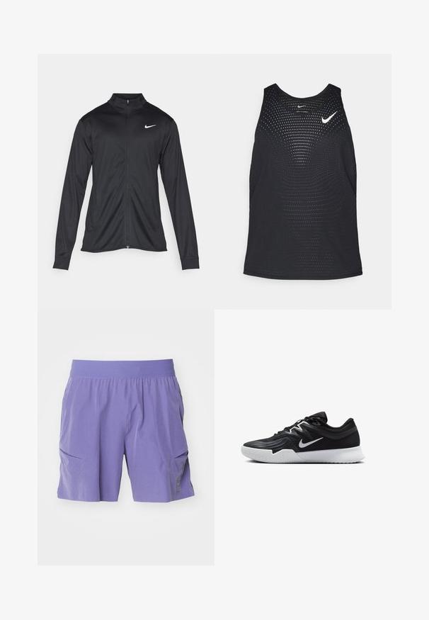 Melna sporta jaka ar garām piedurknēm, apkakli un pilnu rāvējslēdzēju. Uz kreisā krūts augšdaļas ir maigs Nike logo baltā krāsā. Gluda tekstūra.; Melnā sporta bezsleeve tops ar perfojumu un apaļu dekoltē. Uz krūtīm ir balts Nike logos.; Violeta bikses, kas izgatavotas no viegla materiāla, ar elastīgu jostu un divām sānu kabatām. Vienkāršs dizains ar smalku logo detaļu.; Melni sporta apavi ar teksturētu virsu, balto Nike zulumu un balto gumijas zoli. Iezīmējas ar auklu pievilkšanas dizainu un dinamisku formu.
