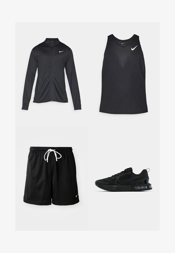 Črna atletska jakna z dolgimi rokavi, ovratnikom in polnim zadrgo. Vključuje diskreten bel Nike logotip na zgornjem levem delu prsnega koša. Gladka tekstura.; Črn atletski top s perforirano teksturo in okroglo ovratnikom. Na prsih je bel Nike logo.; Črne športne hlače iz mrežastega materiala z belo vrvico, ki imajo majhen bel Nike logo na spodnjem desnem robu.; Črni Nike supergi z mrežastim zgornjim delom, teksturirano podplatom in vidno zračno enoto v peti. Poudarki in logotip v temnejši odtenek črne.