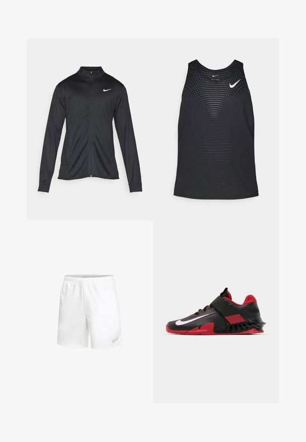 Svart idrettsjakke med lange ermer, krage og full glidelås. Har en subtil Nike-logo i hvitt på øvre venstre bryst. Glatt tekstur.; Sort svart treningssinglet med perforert tekstur og rund hals. Har en hvit Nike-logo på brystet.; Lotto SQUADRA III 7IN - Sports shorts - weiss; Sorte og røde treningssko med et slankt design, teksturert mesh-overdel, solid gummisåle og fremtredende hvit logo-akse.