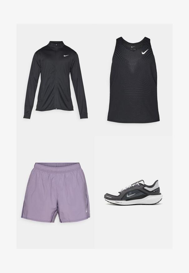 Schwarze Sportjacke mit langen Ärmeln, Kragen und voller Reißverschluss. Verfügt über ein dezentes Nike-Logo in Weiß auf der oberen linken Brust. Glatte Textur.; Schwarzes sportliches Tanktop mit perforierter Textur und rundem Ausschnitt. Mit einem weißen Nike-Logo auf der Brust.; Lila Sportshorts mit elastischem Bund, glatter Textur, Seitentaschen und einem kleinen Logo-Detail.; Schwarzer und grauer Sportschuh mit einem Mesh-Obermaterial, reflektierenden Akzenten und einer weißen Zwischensohle. Verfügt über eine strukturierte Gummisohle und Schnürsenkel.