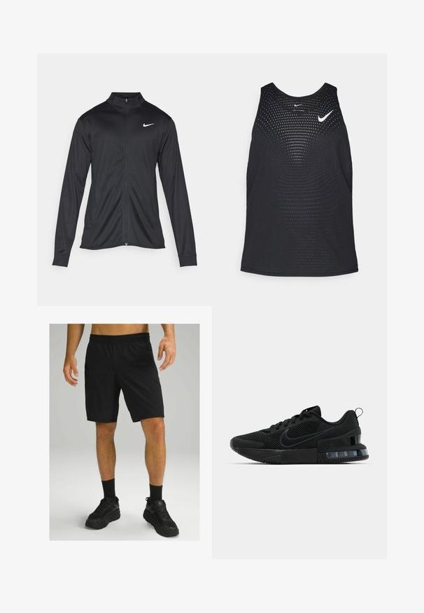 Must värvi sportlik jakk pikkade varrukatega, krae ja täispikk tõmblukk. Ülemises vasakus rinnas on diskreetne valge Nike logo. Sile tekstuur.; Mustmustreening mustrippide tekstuuri ja ümmargune kaelus. Rinnal valge Nike logo.; Mustad mustad lühikesed püksid elastse vöökohaga, valmistatud kergest kangast. Koos mustade sokkide ja massiivsete mustade tossudega.; Must must Ameerika must must must must must must must