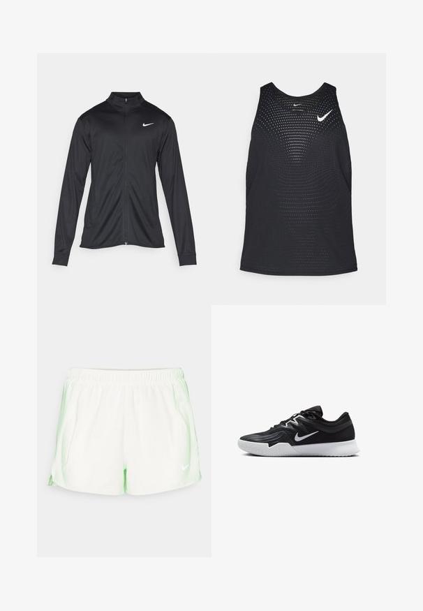 Juodas sportinis švarkas su ilgomis rankovėmis, apykakle ir pilnu užtrauktuku. Yra subtilus baltas Nike logotipas kairėje krūtinės pusėje. Lygus tekstūra.; Juodas sportinis maikutė su perforuota tekstūra ir apvalia apykakle. Ant krūtinės yra balta Nike logotipas.; Balti sportiniai šortai su žaliu gradientu, pagaminti iš lengvos medžiagos, turintys perforuotą tekstūrą ir baltą Nike logotipą.; Juodos sportinės bateliai su tekstūruota viršutine dalimi, balta Nike swoosh ir balta gumine išorine dalimi. Yra su raištelių užsegimo dizainu ir dinamine forma.