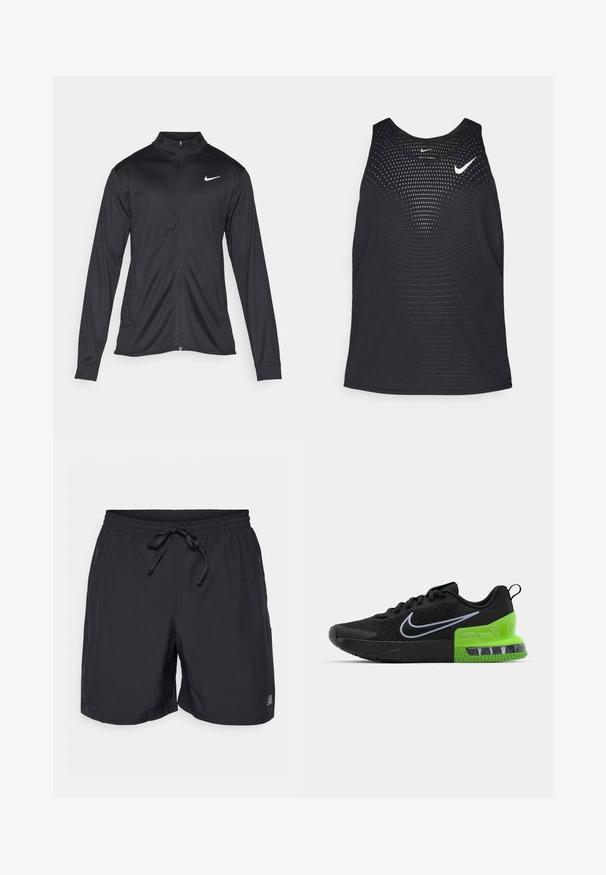 Jacket desportivo preto com mangas longas, colarinho e fecho zip completo. Apresenta um discreto logotipo da Nike em branco na parte superior do lado esquerdo do peito. Textura suave.; Camisola de desporto preta sem mangas com uma textura perfurada e decote redondo. Apresenta um logótipo branco da Nike no peito.; Calções pretos com cintura elástica e cordão ajustável, com um pequeno logo reflectivo na perna esquerda.; Sapatilha desportiva preta com parte superior em malha, apresentando uma sola verde e preta com amortecimento de ar, e um logo swoosh branco da Nike.