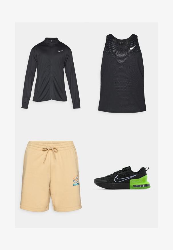 Jacket desportivo preto com mangas longas, colarinho e fecho zip completo. Apresenta um discreto logotipo da Nike em branco na parte superior do lado esquerdo do peito. Textura suave.; Camisola de desporto preta sem mangas com uma textura perfurada e decote redondo. Apresenta um logótipo branco da Nike no peito.; Calções de algodão bege com cintura elástica e cordão. Apresenta um logótipo azul e laranja na parte da frente. Textura suave.; Sapatilha desportiva preta com parte superior em malha, apresentando uma sola verde e preta com amortecimento de ar, e um logo swoosh branco da Nike.