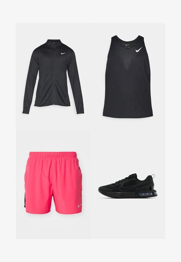 Chaqueta atlética negra con mangas largas, collar y cremallera completa. Presenta un sutil logo de Nike en blanco en la parte superior izquierda del pecho. Textura suave.; Camiseta sin mangas deportiva negra con textura perforada y escote redondeado. Presenta un logo de Nike en blanco en el pecho.; Nike Performance CHALLENGER SHORT - Pantalón corto de deporte - aster pink/dark pony/black/silver; Zapatillas Nike negras con parte superior de malla, suela texturizada y unidad de aire visible en el talón. Acentos y logotipo en un tono de negro más oscuro.