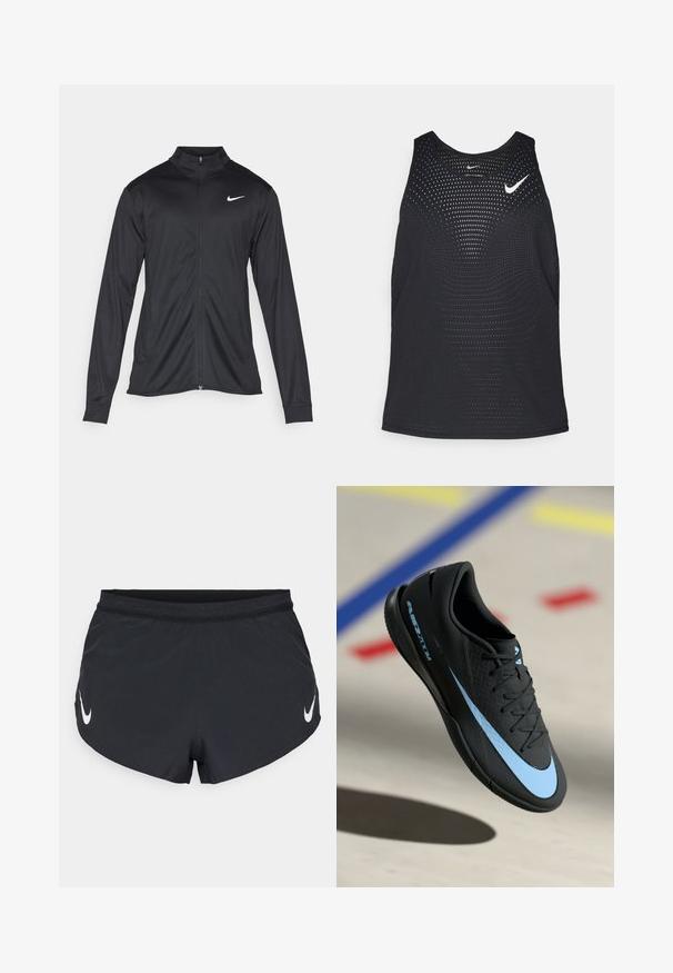 Black athletic jacket with long sleeves, collar, and full zipper. Features a subtle Nike logo in white on the upper left chest. Smooth texture.; Black athletic tank top with a perforated texture and rounded neckline. Features a white Nike logo on the chest.; Black athletic shorts made of lightweight fabric, featuring a textured waistband and a white Nike logo on the left side.; Black athletic shoe with blue accents, textured surface, lace-up design, and distinctive Nike logo. Rubber sole with grip patterns.