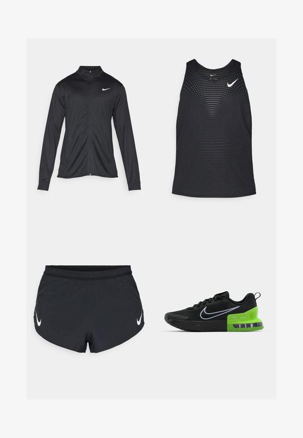 Černá sportovní bunda s dlouhými rukávy, límcem a plným zipem. Má decentní bílou logo značky Nike na horní levé části hrudi. Hladká textura.; Černý sportovní tílko s perforovanou texturou a kulatým výstřihem. Na hrudi je bílé logo Nike.; Černé sportovní šortky vyrobené z lehké tkaniny, s texturovaným pasem a bílým logem Nike na levé straně.; Černá sportovní bota s síťovinovým svrškem, vybavená zelenou a černou podrážkou s vzduchovým odpružením a bílým logem Nike swoosh.