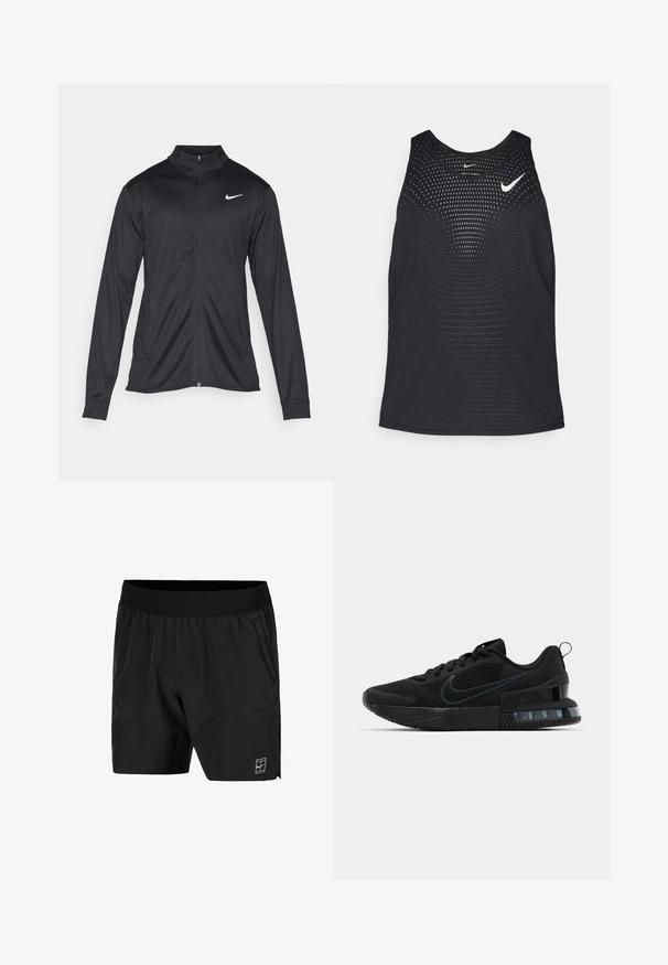 Černá sportovní bunda s dlouhými rukávy, límcem a plným zipem. Má decentní bílou logo značky Nike na horní levé části hrudi. Hladká textura.; Černý sportovní tílko s perforovanou texturou a kulatým výstřihem. Na hrudi je bílé logo Nike.; Černé šortky vyrobené z lehkého materiálu, s elastickým pasem, bočními kapsami a bílým logem na dolním pravém předním díle.; Černá atletická bota Nike s vrchní částí z technické síťoviny, gumovou podrážkou, polstrovaným límcem a výrazným průhledným akcentem na patě.