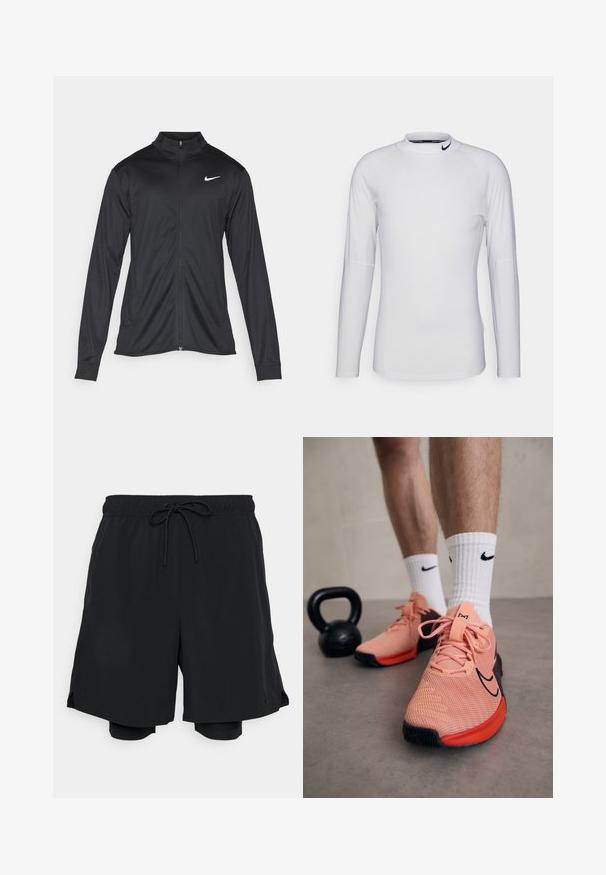 Melna sporta jaka ar garām piedurknēm, apkakli un pilnu rāvējslēdzēju. Uz kreisā krūts augšdaļas ir maigs Nike logo baltā krāsā. Gluda tekstūra.; Garā piedurkņu balta sporta krekls, kas izgatavots no gludas, elastīgas auduma. Tam ir augsta apkakle un melns Nike logos uz apkakles.; Melnas sporta šortus, kas izgatavoti no viegla auduma, ar elastīgu jostasvietu un auklu, kā arī pieguļošiem iekšējiem šortiem.; Nike sporta apavi rozā kokvilnā ar melniem akcentiem. Iezīmētas ar biezām auklām, mīkstu mēli un teksturētu zoli. Baltas zeķes ar logo. Blakus ir melns kettlebells.