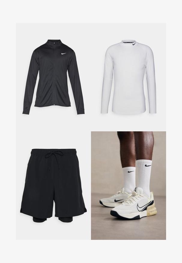 Čierna športová bunda s dlhými rukávmi, golierom a plným zipsom. Obsahuje nenápadné logo Nike v bielej farbe na hornej ľavej hrudi. Hladká textúra.; Dlhý rukáv, biele športové tričko vyrobené z hladkej, elastickej tkaniny. Má vysoký výstrih a čierne logo Nike na golieri.; Čierne atletické šortky vyrobené z ľahkej tkaniny, s elastickým pásom na šnúrku a priliehavou vnútornou vrstvou.; Biele sieťované tenisky s čiernymi akcentmi a žltou medzipodrážkou. Rífľové biele ponožky Nike. Textúrovaná podrážka pre lepšiu priľnavosť.
