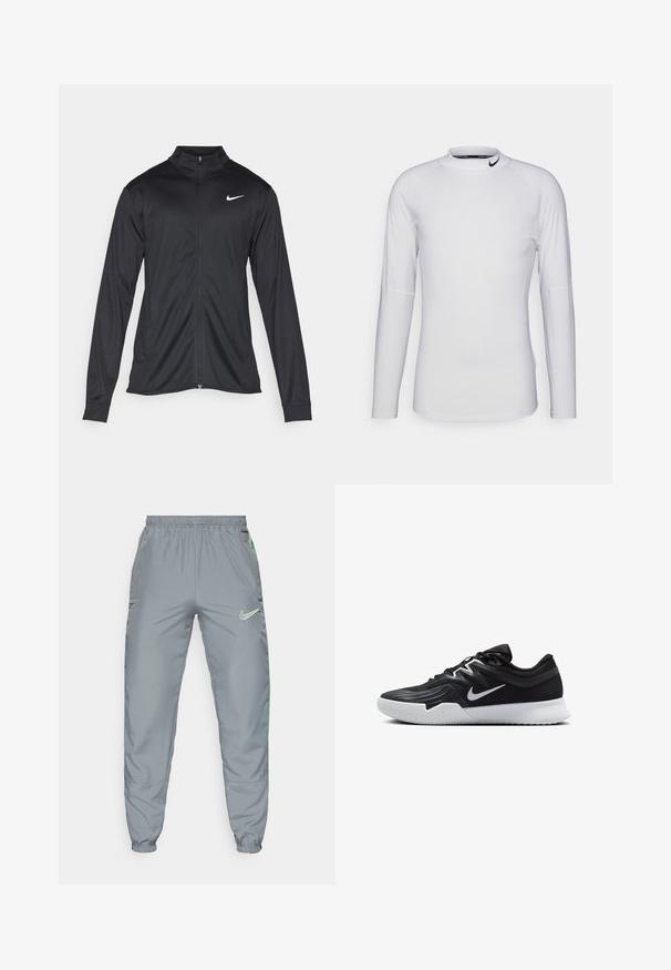 Schwarze Sportjacke mit langen Ärmeln, Kragen und voller Reißverschluss. Verfügt über ein dezentes Nike-Logo in Weiß auf der oberen linken Brust. Glatte Textur.; Langärmliges, weißes Sportshirt aus glattem, elastischem Material. Verfügt über einen hohen Kragen und ein schwarzes Nike-Logo am Kragen.; Nike Jogginghose aus grauem Polyester mit elastischem Bund, schmal zulaufenden Bündchen und neongrünen seitlichen Akzenten; verfügt über ein Logo auf der vorderen rechten Seite.; Schwarzer Sportschuh mit strukturiertem Obermaterial, weißem Nike-Warenzeichen und einer weißen Gummisohle. Verfügt über ein Schnürdesign und eine dynamische Form.