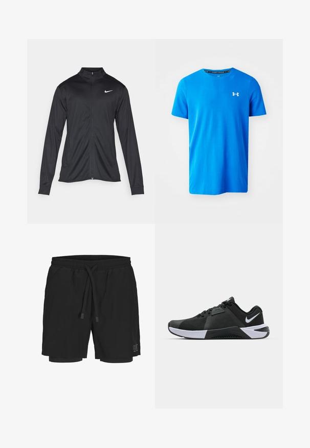 Must värvi sportlik jakk pikkade varrukatega, krae ja täispikk tõmblukk. Ülemises vasakus rinnas on diskreetne valge Nike logo. Sile tekstuur.; Sinine lühikeste varrukatega T-särk, mis on valmistatud hingavast kangast, millel on õhuke tekstuuriline muster ja valge Under Armouri logo rinnal.; Mustavad ujumispüksid, mis on valmistatud kergetest materjalidest, elastse vöökoha, reguleeritava nööriga ja sisemise voodriga. Küljepeal on logo.; Nike Performance METCON 10 - Treeningjalatsid - black/white/anthracite