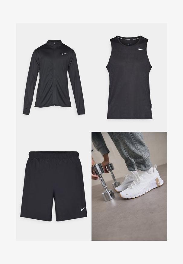 Jachetă sportivă neagră cu mâneci lungi, guler și fermoar complet. Prezintă un logo Nike subtil, alb, pe pieptul din stânga sus. Textură netedă.; Tricou sport negru fără mâneci, fabricat dintr-un material neted, cu un model texturat și un mic logo alb Nike pe piept.; Pantaloni scurți atletici negri, fabricați dintr-un material ușor, cu un talie elastică. Au un mic logo alb Nike în partea stângă jos.; Adidași albi cu un sus texturat, talpă din cauciuc plat și accente de culoare maro deschis. Haltere argintii în prim-plan. Pantaloni de trening gri vizibili.