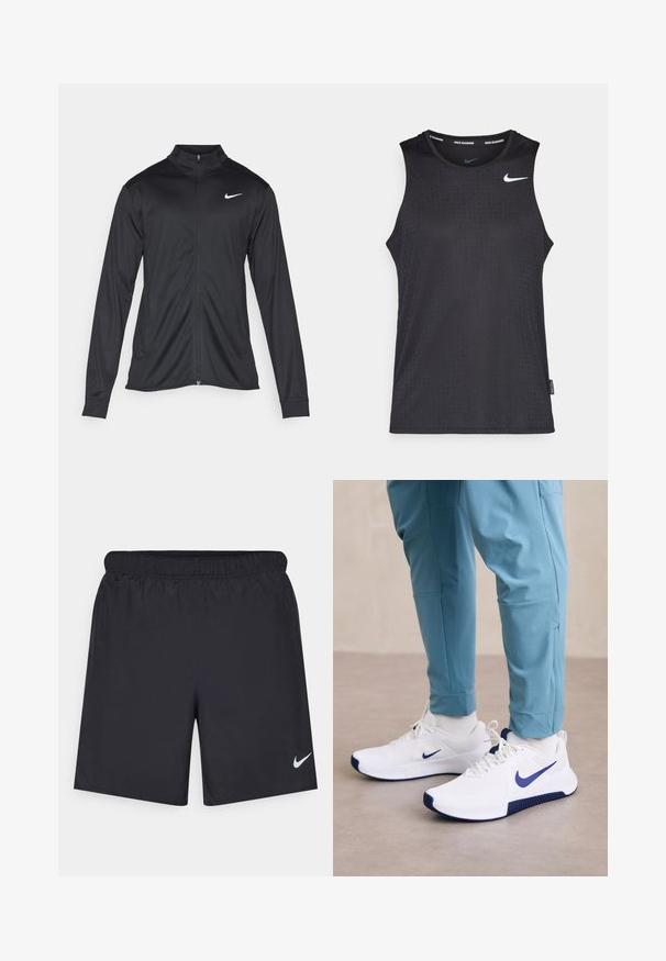Must värvi sportlik jakk pikkade varrukatega, krae ja täispikk tõmblukk. Ülemises vasakus rinnas on diskreetne valge Nike logo. Sile tekstuur.; Mustamat varrukateta sportlik tank top sileda materjaliga, millel on struktuurne mustr ja väike valge Nike logo rinnal.; Mustad mustikud lühikesed püksid, mis on valmistatud kergest materjalist ja millel on elastne vöökoht. Alumisel vasakul küljel on väike valge Nike logo.; Valged sportlikud jalatsid sinise Nike sümboliga, tekstureeritud pealispind ja sinised aktsendid tallal on kombineeritud helesiniste spordipükstega.