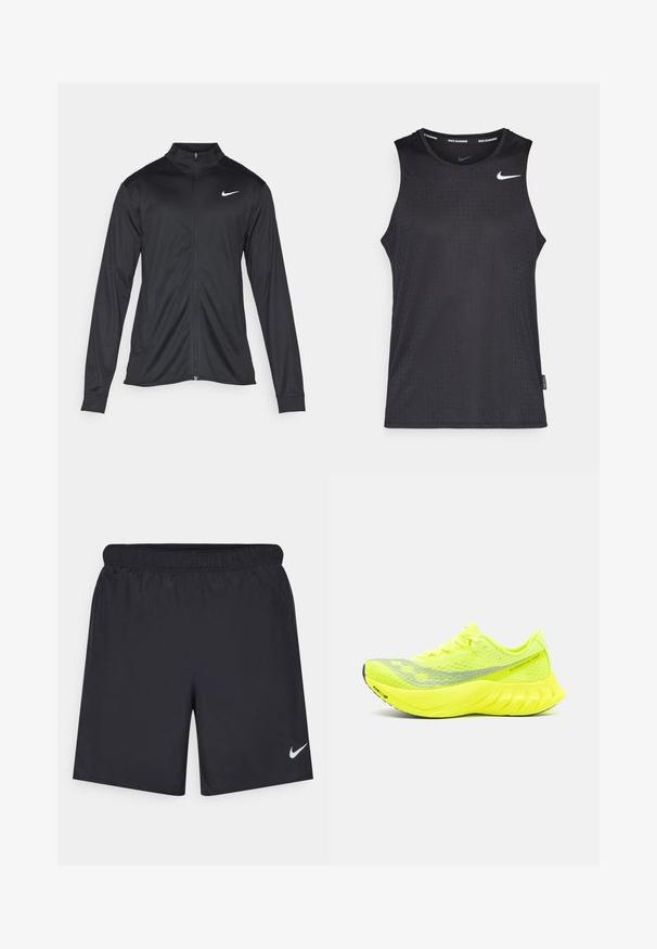 Melna sporta jaka ar garām piedurknēm, apkakli un pilnu rāvējslēdzēju. Uz kreisā krūts augšdaļas ir maigs Nike logo baltā krāsā. Gluda tekstūra.; Melnas bez piedurknēm sporta topa blūze, izgatavota no gludas materiāla, ar teksturētu rakstu un mazu balto Nike logo uz krūškurvja.; Melnas sporta šorti, izgatavoti no viegla materiāla, ar elastīgu jostu. Uz apakšējā kreisā stūra ir neliels balts Nike logo.; Saucony ENDORPHIN PRO 4 - Apavi skriešanai pa asfaltu - citron/silver