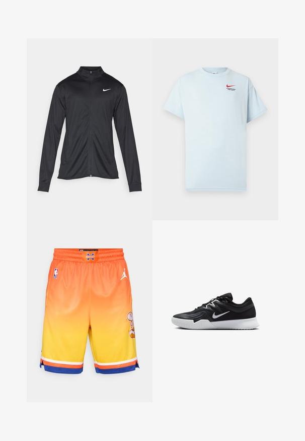 Svart idrettsjakke med lange ermer, krage og full glidelås. Har en subtil Nike-logo i hvitt på øvre venstre bryst. Glatt tekstur.; Lyseblå bomulls t-skjorte med korte ermer, rund hals og en rød Nike swoosh-logo. Teksten sier "ATHLETIC DEPT. JUST DO IT."; Basketballshorts i oransje til gul gradient, laget av mesh-stoff, hvit Jordan-logo, og en tegneseriefigur detalj på siden. Elastisk midjebånd.; Svart treningssko med teksturert overdel, hvit Nike-swoosh og hvit gummisåle. Har snøring og en dynamisk form.