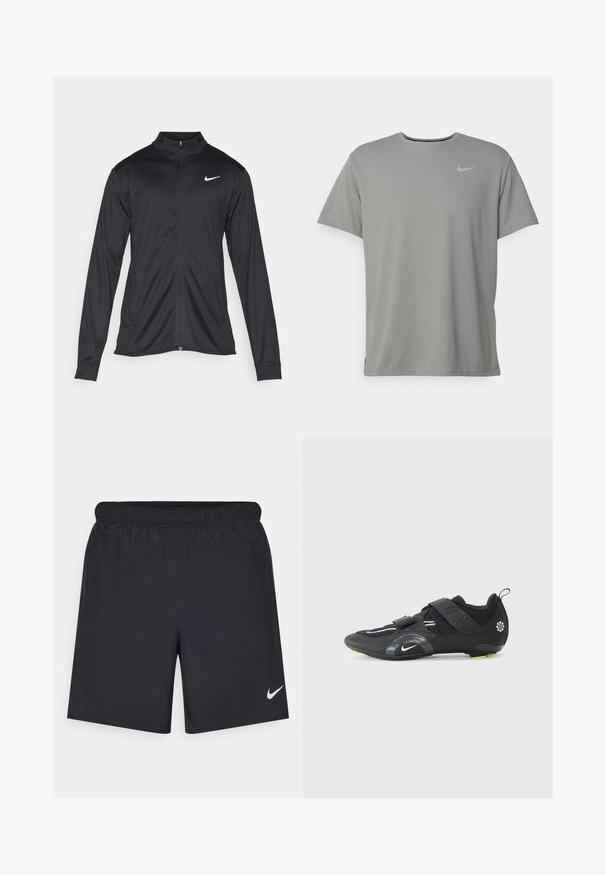 Černá sportovní bunda s dlouhými rukávy, límcem a plným zipem. Má decentní bílou logo značky Nike na horní levé části hrudi. Hladká textura.; Šedé tričko Nike s krátkým rukávem, kulatým výstřihem a malým stříbrným logem na levé části hrudníku. Vyrobeno z měkké, lehké tkaniny.; Černé sportovní šortky vyrobené z lehkého materiálu s elastickým pasem. Na spodní levé straně mají malé bílé logo Nike.; Černá atletická bota s síťovaným svrškem, dvěma nastavitelnými suchými zipy, reflexními detaily a zelenou podrážkou pro trakci.