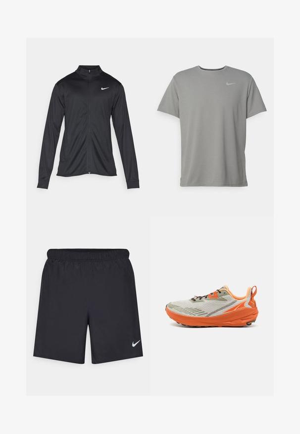 Svart idrettsjakke med lange ermer, krage og full glidelås. Har en subtil Nike-logo i hvitt på øvre venstre bryst. Glatt tekstur.; Grå Nike t-skjorte med korte ermer, rund hals og en liten sølvlogo på venstre bryst. Laget av mykt, lett stoff.; Svart sportskjørt laget av lett materiale med elastisk linning. Har en liten hvit Nike-logo nederst til venstre.; Altra EXPERIENCE WILD - Løpesko for mark - gray/orange