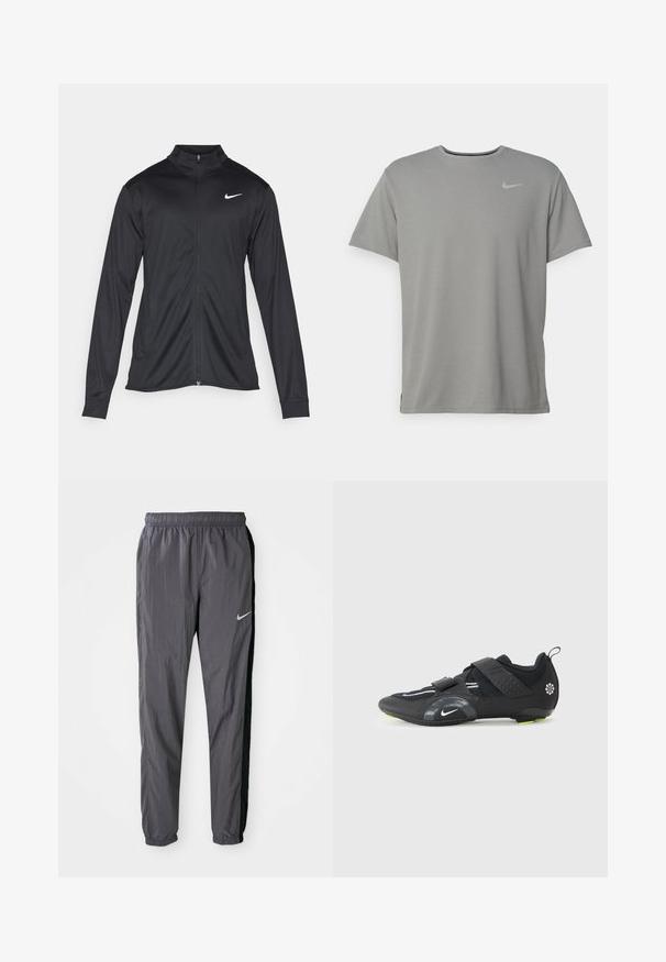 Veste de sport noire à manches longues, avec col et fermeture éclair intégrale. Présente un logo Nike subtil en blanc sur le côté supérieur gauche de la poitrine. Texture lisse.; T-shirt Nike gris à manches courtes, col rond, avec un petit logo argenté sur la poitrine gauche. Fabriqué en tissu doux et léger.; Pantalons de survêtement Nike, fabriqués en tissu léger, de couleur gris foncé avec des panneaux latéraux noirs. Présente une taille élastique et un logo réfléchissant.; Chaussure de sport noire avec tige en mesh, deux sangles Velcro ajustables, accents réfléchissants et détails de semelle extérieure verte pour une adhérence optimale.