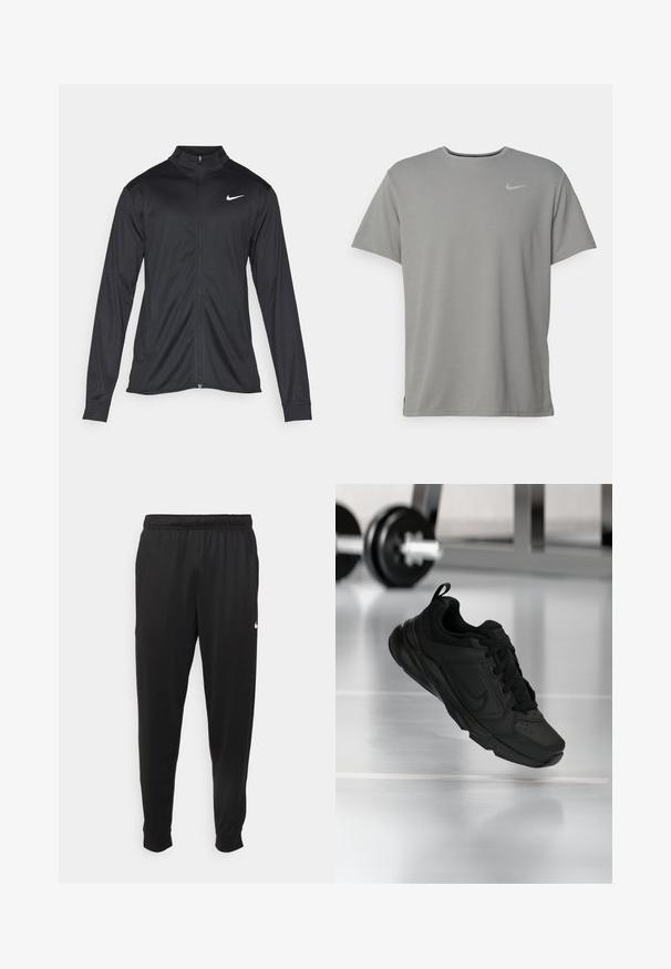 Must värvi sportlik jakk pikkade varrukatega, krae ja täispikk tõmblukk. Ülemises vasakus rinnas on diskreetne valge Nike logo. Sile tekstuur.; Hallide Nike t-särk lühikeste varrukatega, ümar kaelus ja väike hõbedane logo vasakul rinnal. Valmistatud pehmest ja kergest kangast.; Mustad mustekad athletic-püksid sujuvast kangast, elastse vöökoha, kitsenevate jalgade ja väikese valge logoga vasakul küljel.; Musta spordijalanõud, millel on sile nahkpealis, ümmargune varvas, paeltega esiosa ja pehmendusega kaelus mugavuse tagamiseks. Taustaks on spordisaali keskkond.