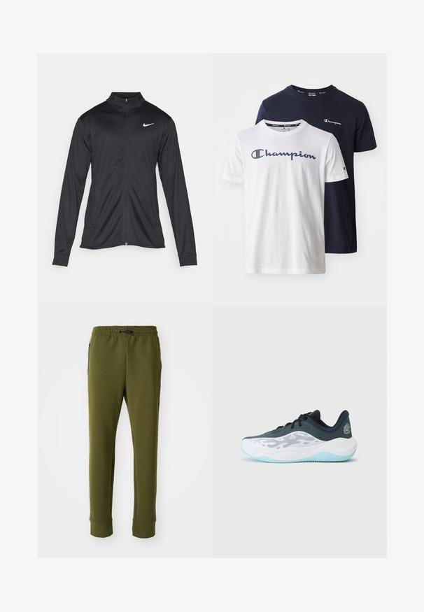 Schwarze Sportjacke mit langen Ärmeln, Kragen und voller Reißverschluss. Verfügt über ein dezentes Nike-Logo in Weiß auf der oberen linken Brust. Glatte Textur.; Zwei kurzärmelige T-Shirts, eines weiß mit navyfarbenem Logo und eines navy mit weißem Logo, aus Baumwolle mit Rundhalsausschnitt und normaler Passform.; Olivgrüne Sweatpants mit elastischem Bund, Kordelzug, Seitentaschen und gerippten Bündchen. Weicher Stoff mit glatter Textur.; Schwarzer und weißer Sportschuh mit einem Obermaterial aus Mesh, strukturiertem Profil und hellblauen Akzenten. Ausgestattet mit Schnürsenkeln und einem gepolsterten Schaft für zusätzlichen Halt.